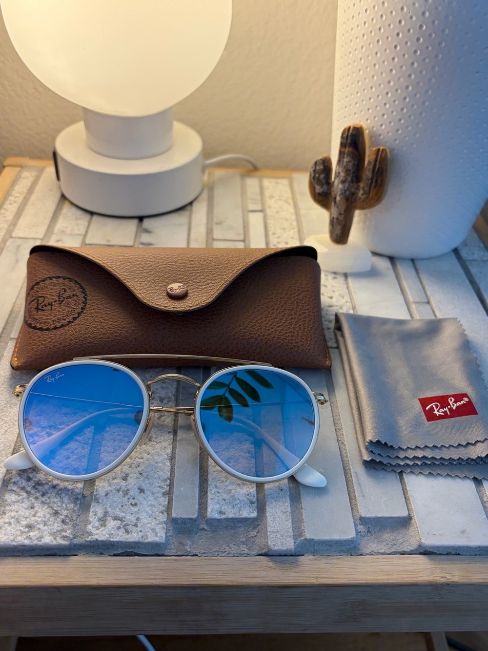 Ray-Ban white and gold round double bridge sunglasses blue mirror lenses